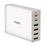 Maplin 6 Port USB Charger 4x USB-A & 2x USB-C 65W 10A High Speed, 1m Cable, for iPhone 15/14/13/12/11/SE/X/XS/XS MAX/XR/8, iPad/Pro/Mini/Air, Samsung, Kindle & more