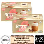 Nescafe Gold Instant Coffee Sachets 100 Unsweetened Cappuccino Low Sugar, 2 Pack