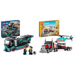 LEGO City La Voiture de Course et Le Camion de Transport de Voitures, Jeu de Construction & Creator 3-en-1 Le Camion Remorque avec Hélicoptère, Set de Véhicules avec Jouet d'Hélicoptère