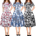 Fashion Women Elegant Dress Printing Short Sleeve Blue Xl