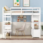 Lit mezzanine pour enfant 140 x 200 cm avec escalier, tiroir de rangement, étagères et Bureau sous lit, Lit mezzanine ado- blanc