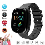 GPS phone watch WITHOUT eavesdropping function for children Intelligent IP67 waterproof SOS emergency call + phone function, live GPS + LBS positioning, puzzle game, app + support in German,Black