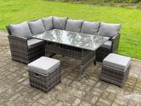 High Back Rattan Corner Sofa Set Outdoor Furniture Rectangular Dining Table 2 Small Footstools 8 Seater