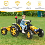 2V traktor med 2,4G fjärrkontroll & avtagbar släpvagn för barn 3-8 år Gul
