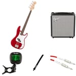 Fender Squier Debut Precision Bass Guitar Kit for Beginners, includes Amplifier, Cable, Strap, and Tuner, Dakota Red