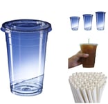 AIOS Avenue's Re-usable Takeaway Cups with Flat Lids and Paper Straws. 600ml/20oz. Pack of 50. Fits car holders. For iced or hot drinks.