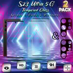 2-Pack Samsung S23 Ultra (5G) Skärmskydd & 2-Pack linsskydd - Härdat Glas 9H - Super kvalitet 3D