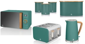 Swan Nordic Green Kettle 4 Slice Toaster Microwave Bread Bin Canisters Set of 7