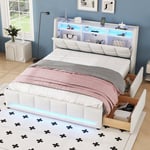 Dubbelsäng 140 x 200 cm i linnetyg - med 2 lådor + LED + USB-uttag - Beige