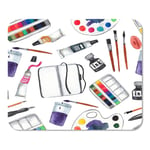 Mousepad Computer Notepad Office Supplies on White Paints Palette Brushes Ink Sketchbook Pencil Home School Game Player Computer Worker Inch