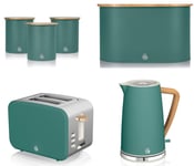 Swan Nordic Green Kettle 2 Slice Toaster Bread Bin & Canisters Kitchen Set of 6