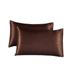 HONGCI 2 Pack 50x75cm Coffee Satin Pillow Cases Set for Hair and Skin to Prevent Wrinkles,Microfiber Plain Pillowcases Anti Wrinkle and Stain Resistant Standard Pillow Cases with Envelope Closure
