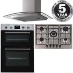 SIA 60cm Stainless Steel Double Built-in Fan Oven, 70cm 5 Gas Hobs & Curved Hood