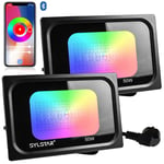 Sylstar 2 pcs LED FloodLights Outdoor, 50W 5000LM RGB+CW Bluetooth APP Control Smart Floodlight, IP65 Waterproof Outdoor Flood Lights with 16 Million Colors, Dimmable, Timing, Grouping, Music Sync