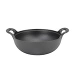 (25cm)Cast Iron Wok With 2 Handle Wooden Lid Frying Pan With Flat Base Uncoat UK