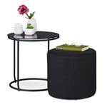 Relaxdays Table d’appoint avec Tabouret, Table Basse Ronde avec Tabouret, Peu encombrant, Verre et métal, 40x40 cm, Noir