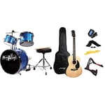 Music Alley Junior Drum Kit for Kids with Kick Drum Pedal - Blue & Martin Smith Acoustic Guitar Kit with Full-Size Acoustic Guitar, Guitar Stand, Guitar Tuner, Guitar Bag, Guitar Strap