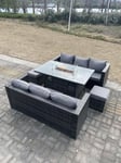 8 Seater Outdoor Rattan Sofa Set Garden Furniture Gas Firepit Set Heater Dining Table Footstools Dark Grey