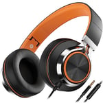 Ailihen C8 Foldable Headphones with Microphone and Volume Control Lightweight Stereo Headsets for iPad 3.5mm Android Cellphones Smartphones Laptop Computer Mp3(Black/Orange)