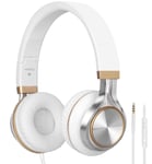 Headphones,BEINSOUND HW50C Stereo Folding Headsets Strong Low Bass Headphones with Microphone for iPhone, All Android Smartphones, PC, Laptop, Mp3/mp4, Tablet Macbook Earphones (White&Gold)