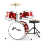 TIGER JDS7-RD Junior Kids Drum Kit - 3-Piece Beginners Childrens Drum Set with Snare, Tom, Bass Drum, Bass Drum Pedal, Cymbal, Throne and Sticks - Red