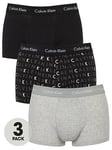 Calvin Klein 3 Pack Plain / Print Low Rise Trunks - Black/Grey, Black/Grey, Size S, Men