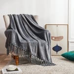 Tassel Flannel Fleece Blanket Throw, Grey Fluffy Blanket Bed Throws for Sofa Couch, Super Soft Microfiber Blankets with Chenille Fringes, Lightweight & Warm (Grey, Double 150x200 CM)