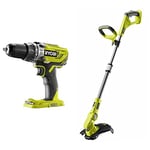 Ryobi R18PD3-0 ONE+ 18V Cordless Compact Percussion Drill (Body Only) & OLT1832 18V ONE+ Cordless Grass Trimmer Only, 25-30cm, Hyper Green