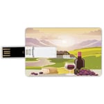 32G USB Flash Drives Credit Card Shape Winery Decor Memory Stick Bank Card Style Wine Cheese and Bread with Mountain Landscape in French Rurals Pastoral Scenery,Green Purple Cream Waterproof Pen Thumb