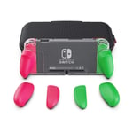Skull & Co. GripCase Crystal Bundle: A Dockable Transparent Protective Cover Case with Replaceable Grips [to fit All Hands Sizes] for Nintendo Switch [with Carrying Case] - Neon Green(L)+Neon Pink(R)