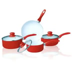 Ceramic Non Stick 7pcs Saucepan Pot Frying Pan Cookware Set With Glass Lid Red