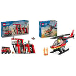LEGO City La Caserne et Le Camion de Pompiers, Jouet de Figurine de Chien et 5 Minifigurines & City L’Hélicoptère de Secours des Pompiers, Ensemble de Construction avec Minifigurines
