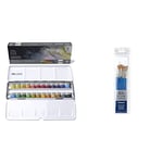 Winsor & Newton Professional Water Colour Lightweight Metal Box, 24 Half Pans and, Cotman Watercolour Synthetic Brushes, Short Handle, Pack of 7