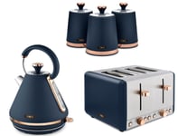 Tower Cavaletto 3kW Pyramid Kettle 4 Slice Toaster, 3 Canisters  BLUE Rose Gold