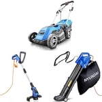 Hyundai HYM3800E 1600W 230V Corded Electric Rotary Lawnmower & Hyundai Grass Trimmer, 600W, 29CM / 290mm / 11.4” Cutting & Hyundai Leaf Blower, Garden Vacuum & Mulcher with Large 45 L