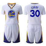 Curry#30 Warriors Basketball Jersey Adult White, Basketball Gym T-shirt Short Sleeve Sports Top and Shorts Set, Fabric (S~4XL)-XL