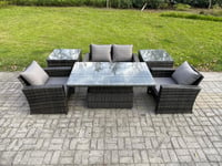 Outdoor Garden Dining Sets 4 Seater Rattan Patio Furniture Sofa Set with Rising Lifting Table 2 Side Tables