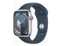 Apple Watch Series 9 (GPS + Cellular) - 45 mm - sølvaluminium - smartklokke med sportsbånd - fluorelastomer - stormblå - båndbredde: S/M - 64 GB - Wi-Fi, LTE, UWB, Bluetooth - 4G - 39 g
