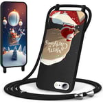 CaseLover Coque avec Cordon Compatible avec iPhone SE 2022/2020/iPhone 7/8, Noël Coque de Cellulaire Corde Silicone Étui en Motif Père Noël avec Réglable Collier Téléphone Chaîne Lanyard Housse, Noir