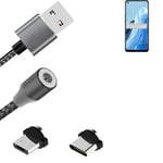 Magnetic charging cable for Oppo Reno8 Lite 5G with USB type C and Micro-USB con