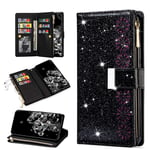 QC-EMART for Samsung Galaxy A10 Phone Wallet Case Large Capacity Card Holders Zipper Pocket Flip Cover Glitter PU Leather Magnetic Blocking Ladies Purse Clutch for Samsung A10 Black Snowflake