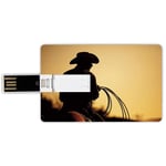 16G USB Flash Drives Credit Card Shape Western Memory Stick Bank Card Style Cowboy with Lasso Silhouette at Small Town Rodeo Theme American USA Culture Decorative,Brown Light Brown Waterproof Pen Thum