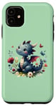 Coque pour iPhone 11 Vert et charmant dragon bleu avec des fleurs Fantasy Art