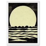 Doppelganger33 LTD Retro Moonrise Over Sea Black And White Linocut Illustration Artwork Framed Wall Art Print A4