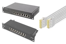 DIGITUS Set: Kit réseau 10 pouces - 1x switch Gigabit, 8 ports, administrable, switch Ethernet - 1x panneau de brassage Cat-6A , 8 ports, LSA - 10x câbles réseau Cat-6A, câble de brassage gris, 0,25 m