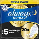 5 x Always Ultra Sanitary Towel Pads with Wings Secure Night Size 5, 20 Pack