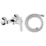 GROHE BauEdge | Bathroom Faucet - Single Lever Shower Mixer, Integrated Check Valve | Chrome | 23333000 & 28364000 | Silver Flex Hose | 1500mm