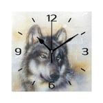 20cm Silent Square Wall Clock, Animal Wolf Print Wild Painting Non Ticking Clock for Living Room Kitchen Bedroom Office Decorative with Desktop Stand