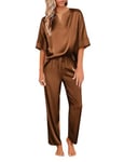 Ekouaer Satin Pyjama Femme Pyjama Set Femme Soie Nuit Pjs Sets Sleepwear,Brun Clair,S
