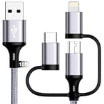 Câble de charge multi rapide 3 en 1 [MFi-Certified] Câble de charge rapide USB de 3 m avec ports Lightning/Type C/Micro USB pour Phone,iPad,Samsung Galaxy,Huawei,Xiaomi,Sony Xperia,LG,HTC et plus